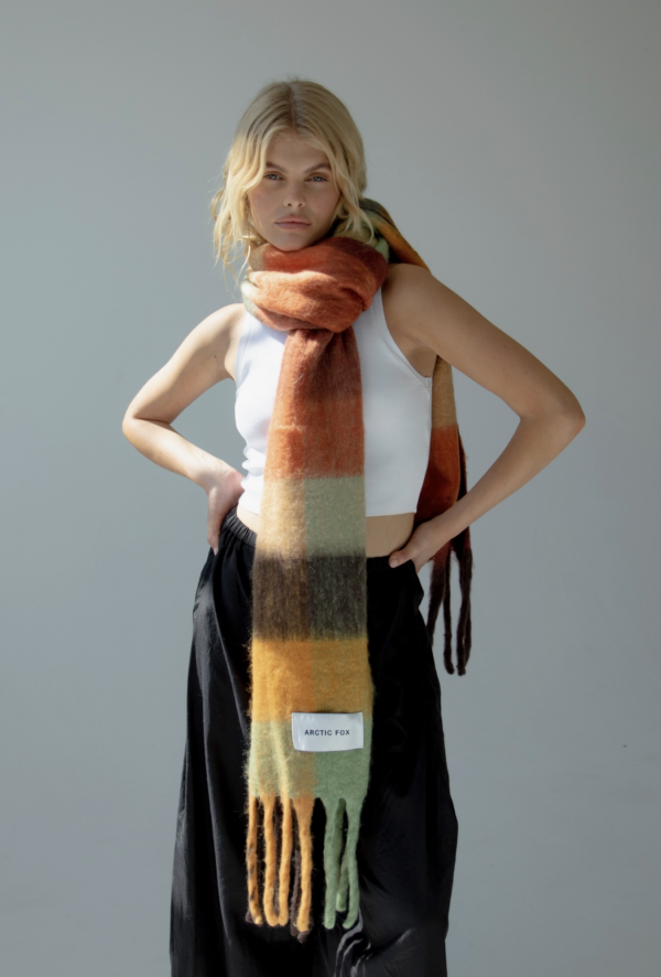Recycled scarf Sustainable fashion Eco-friendly accessories Winter essentials Unisex winter scarf Multi-coloured check design Recycled acrylic scarf Premium winter wear Ethical fashion choice Environmentally friendly scarf, ARCTIC FOX & CO.